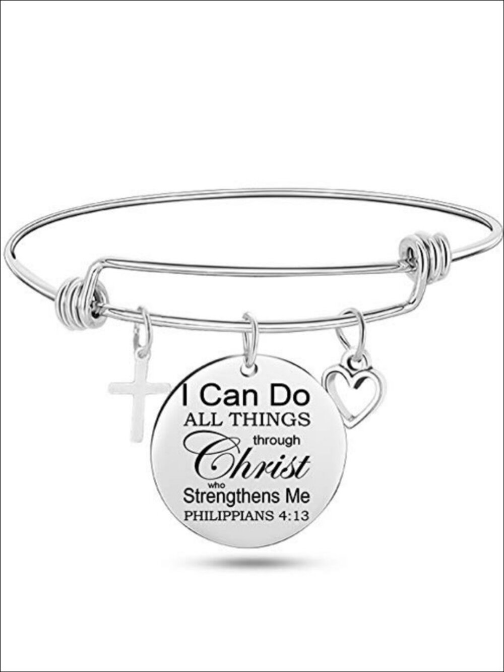 Stainless Steel Adjustable Bangle Bracelet Philippians 4:13 Christian Cross